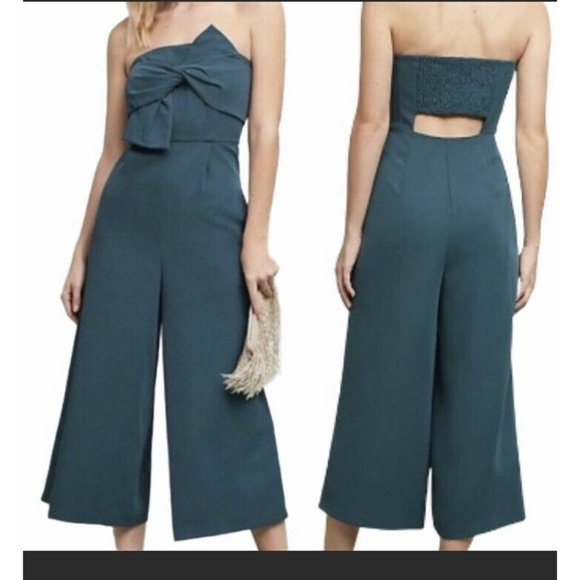 Anthropologie Hailee C Strapless Wide Leg Jumpsuit Bow Cropped Green Women’s 2 - Picture 1 of 9
